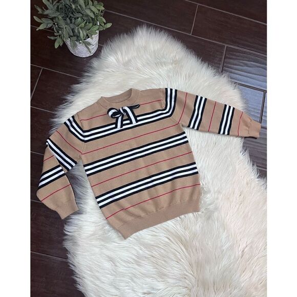 Girls striped printed beige/black/burgundy/ white striped bow tie sweater - Picture 1 of 5